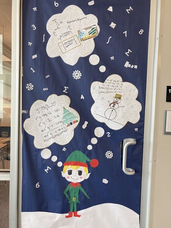 door decorated with Christmas elf and math equations
