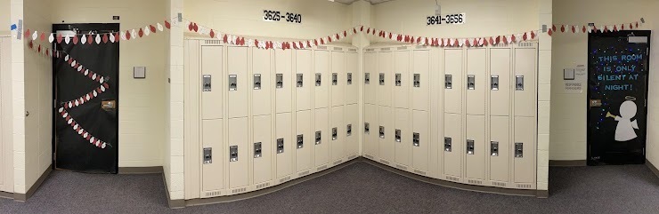 Christmas decorations across lockers and doors