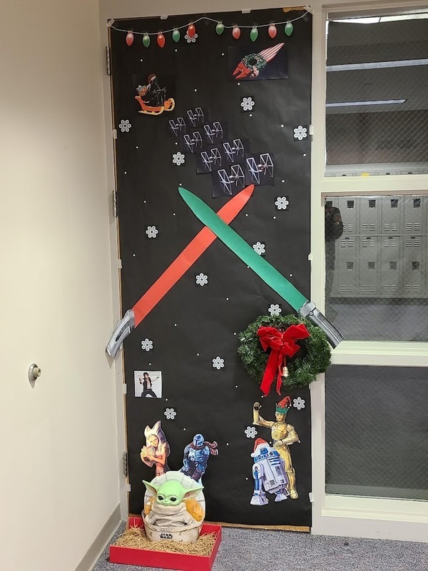 door decorated with Christmas characters